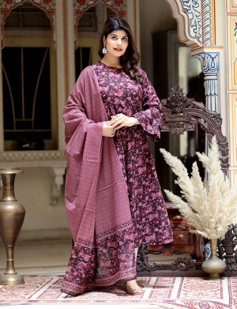 Miravan Maroon Floral Printed Anarkali Kurta with Dupatta for Women - Image 3